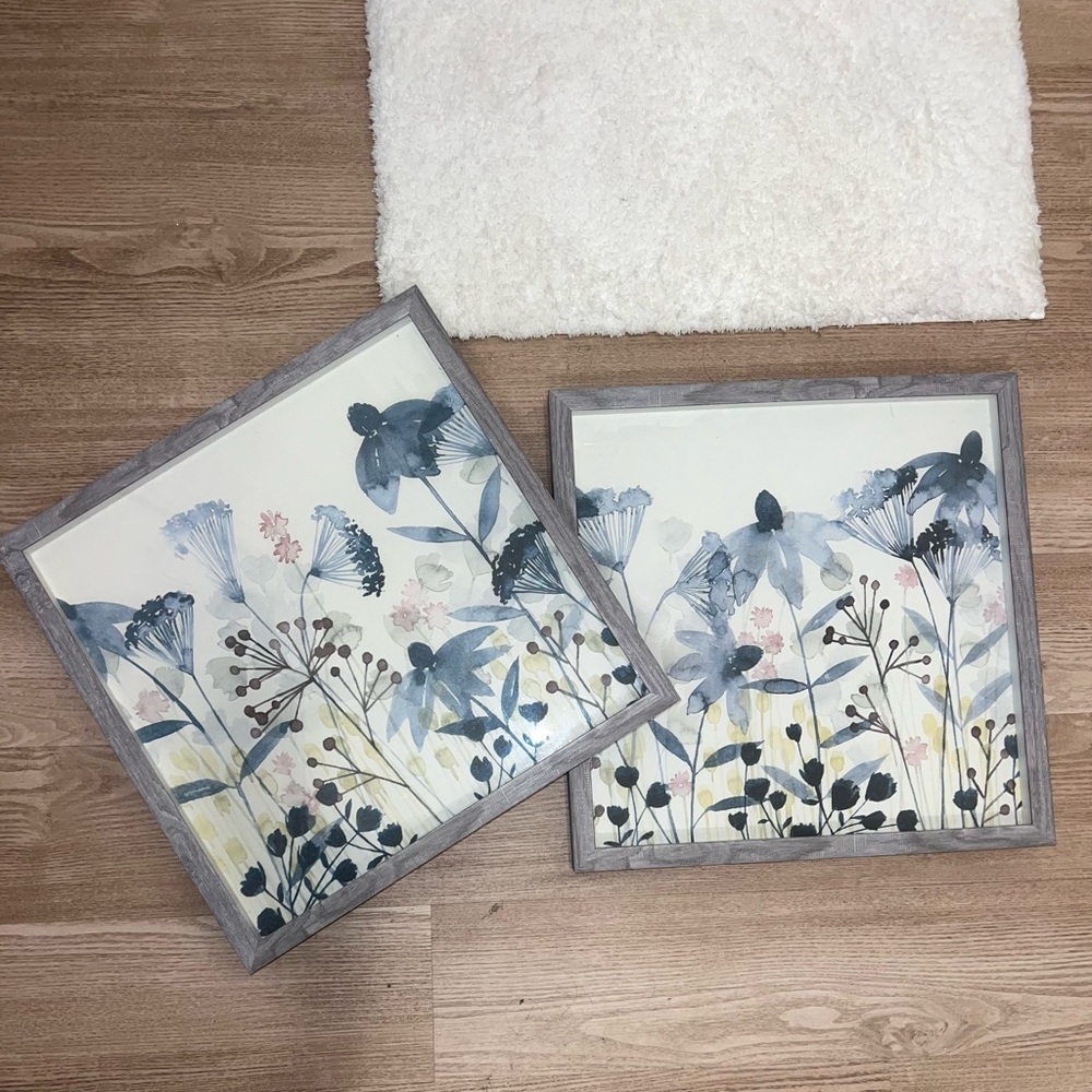 Floral Wall Art Set in Gray and Blue Tones